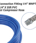 Close-up of 9 Piece Air Compressor Accessories Kit with 25 Foot One Quarter Inch PVC Hose and brass fitting detail.