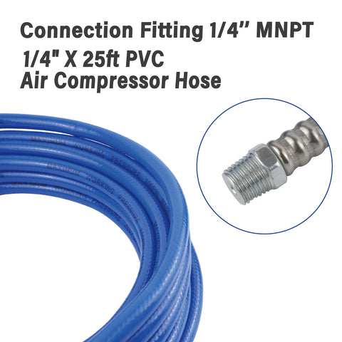 Close-up of 9 Piece Air Compressor Accessories Kit with 25 Foot One Quarter Inch PVC Hose and brass fitting detail.