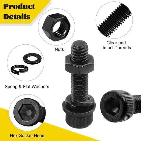 M6 Screws With Nuts And Washers Kit For DIY Projects, Hex Socket Head Bolts In 8, 10, 12, 16, 20, 25, 30, 35 Mm With Nuts And Washers, 12.9 Alloy Steel, Black Zinc Plated Anti Rust Hardware Set, Great For 3D Printing Electronics RC And CNC