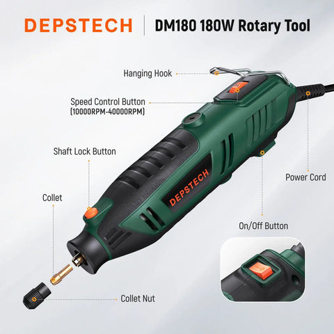 Pro Grade Rotary Tool Kit 180W with 6 Speeds and Variable Speed Universal Keyless Chuck for Carving, Drilling, Sanding
