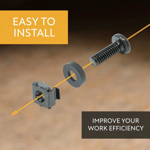 Top Shelf Heavy Duty M6 Rack Screws And Cage Nuts Kit With Flat Washers showcasing a rack screw, nut, and washer for easy installation.