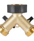 Heavy Duty Brass Garden Hose Splitter 2 Way Y Valve With Easy Grip Handle And Independent Shutoffs Lets You Run Dual Hoses From One Spigot Outdoor Faucet Splitter With Rubber Washers For Leak Free Watering, front view