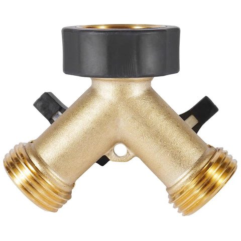 Heavy Duty Brass Garden Hose Splitter 2 Way Y Valve With Easy Grip Handle And Independent Shutoffs Lets You Run Dual Hoses From One Spigot Outdoor Faucet Splitter With Rubber Washers For Leak Free Watering, front view