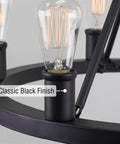 Close-up of 25 Inch Six Light Wagon Wheel Chandelier Industrial Rustic Farmhouse Round Ceiling Light with matte black finish.