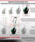 12 Inch Swivel Top Plate Caster Set Heavy Duty Green Poly On Cast Iron Wheels With 2 Swivel Brakes And Bolt On Swivel Locks