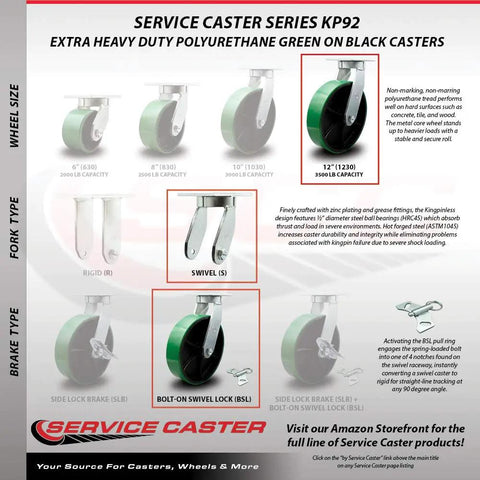 12 Inch Swivel Top Plate Caster Set Heavy Duty Green Poly On Cast Iron Wheels With 2 Swivel Brakes And Bolt On Swivel Locks