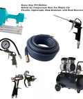 Heavy Duty Air Hose 3/8 In 50 Foot Run Built Tough As Nails Zero Hassle Kink Free Hybrid Rubber Pvc Line with brass couplers.