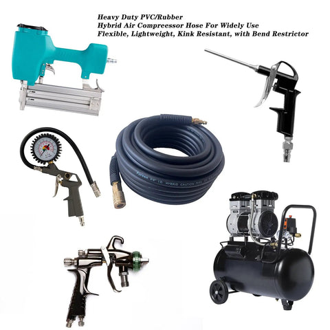 Heavy Duty Air Hose 3/8 In 50 Foot Run Built Tough As Nails Zero Hassle Kink Free Hybrid Rubber Pvc Line with brass couplers.