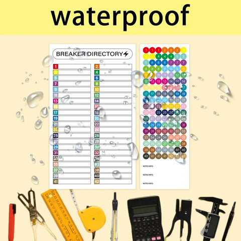 Breaker Panel Labels Kit for Electrical Boxes and Load Centers displayed with tools and waterproof catalog and number sheets.