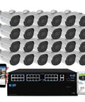 Top Shelf 32 Channel 4K Nvr Security Camera System With 24 Heavy Duty Outdoor Bullet IP Cameras, NVR and hard drive on display.