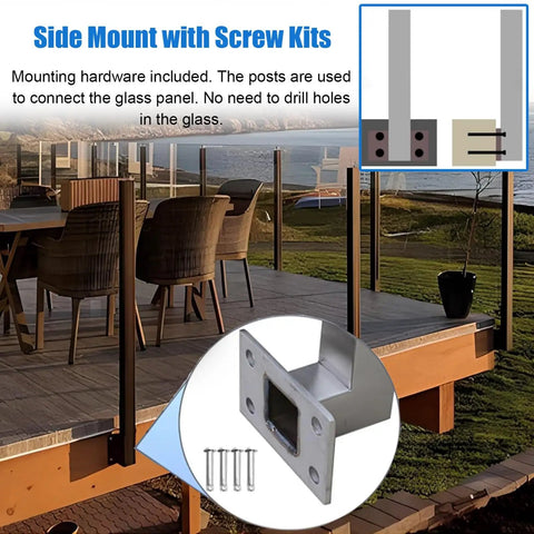 Heavy Duty Kickass Black Deck Railing System Wall Mounted Balcony Guardrail Fencing Kit with side mount screw kit for glass panels.