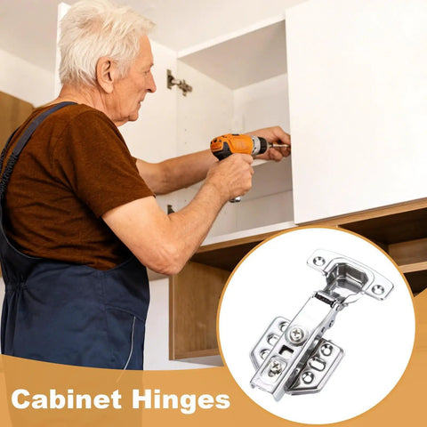 Man installing soft close overlay cabinet hinges stainless steel concealed door hardware in kitchen cupboard.