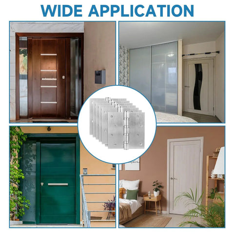 Collage of doors with Eight Pack Heavy Duty Stainless Steel Door Hinges 4x4 Inches With Ball Bearing, 3mm Thick Brushed Nickel Finish