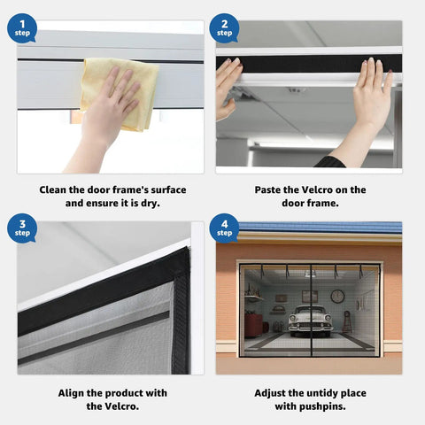 Step-by-step assembly of 10x8 Ft Garage Door Screen With Magnetic Closure Heavy Duty Net Screen Bottom Weighted For Extra Security Four Straps Hands Free Easy Assembly Lets Fresh Air In And Keeps Bugs Out