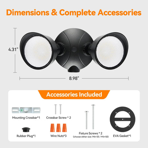 Dimensions of Badass Heavy Duty Dual Head Led Exterior Flood Light With 45 Watt Power And 5500 Lumens, includes mounting accessories.