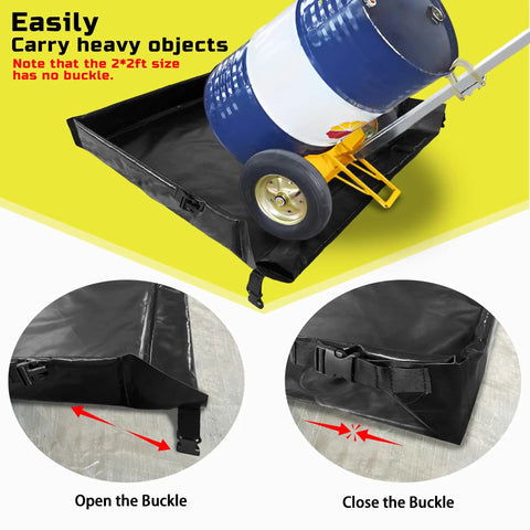 Collapsible Containment Tray For Oil Spills And Poolside Use Rugged PVC Folding Duck Pond 2x2ft Waterproof Utility Berm Heavy Duty Leak Proof And Easy Clean with a heavy drum, buckle closure detail shown