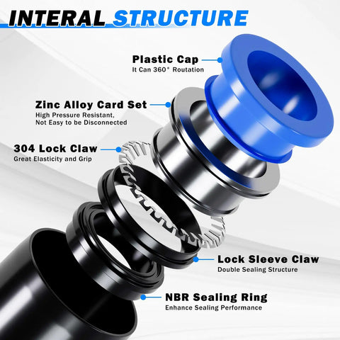 Industrial Quick Connect Air Fittings Kit 78 Piece Set For One Eighth One Quarter Five Sixteenths Three Eighths And One Half Inch Hoses Includes Push Lock And Quick Release For Air Compressor Systems Built With Nickel Plated Brass And PBT For Your Shop exploded view