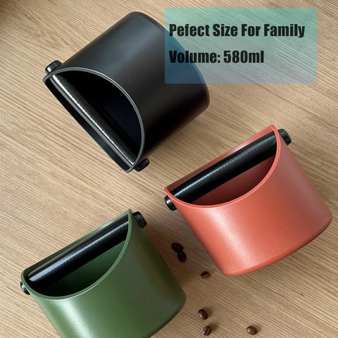 Top view of green, black, and red Compact Coffee Knock Box 4.6 Inch Barista Style Espresso Grounds Holder with Removable Plastic Knock Rod Non Slip Base