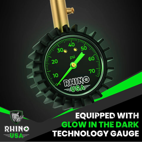 Front view of Rhino USA heavy duty tire pressure gauge with large glow dial (0-75 psi), brass nozzle, braided hose.