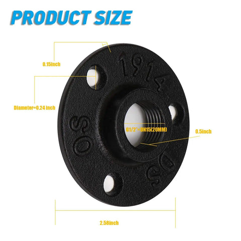 1/2 Inch Black Iron Floor Flange with dimensions labeled, part of Dope Anti Rust 10 Pack For DIY Projects Furniture And Shelving Vintage Industrial Style Hardware With Threaded Holes Heavy Duty Malleable Iron Pipe Fittings.