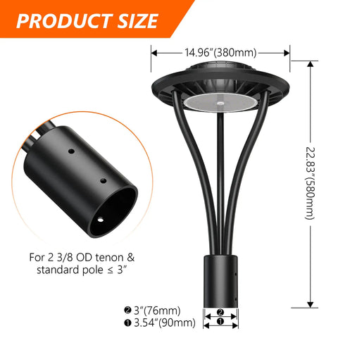 Dimensions of Super Bright 150W LED Post Top Light With 21000 Lumens, 5000K Daylight, IP67 Outdoor Circular Pole Light.