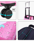 Luggage set: iPlay iLearn unicorn kids 18-inch pink hard-shell carry-on with four spinner wheels
Side view of pink hard-shell luggage with extended telescoping handle
Close-up of pink hard-shell surface with water droplet pattern
Navy backpack-style strap with turquoise stitching on luggage handle