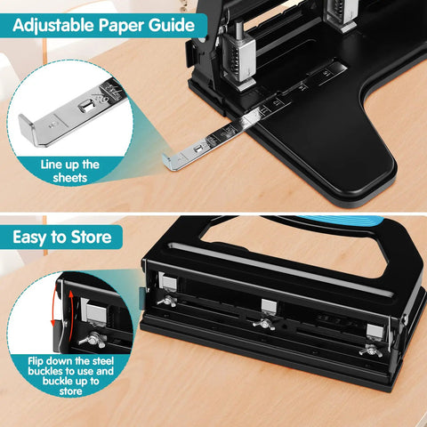 Top view of Beefed Up Heavy Duty 3 Hole Puncher For Binders With 9 By 32 Inch Holes, 50 Sheet Capacity, showing adjustable paper guide.