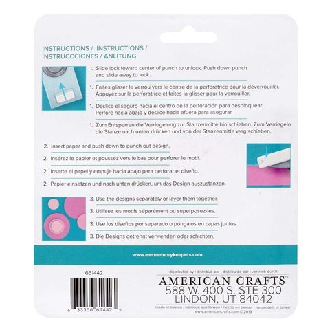 Back packaging of Layering Circle Punch Set with instructions in multiple languages, featuring images of usage for card making and scrapbooking.