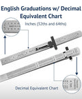 6 Inch Machinist Pocket Rule With 32nds And 64ths, Decimal Equivalents Chart, Premium Stainless Steel, Flexible, Durable Tool For Pros And DIYers In The Shop. front and back scale view with pocket clip