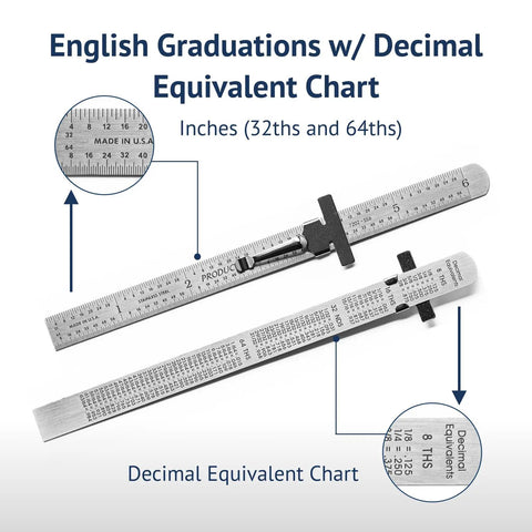 6 Inch Machinist Pocket Rule With 32nds And 64ths, Decimal Equivalents Chart, Premium Stainless Steel, Flexible, Durable Tool For Pros And DIYers In The Shop. front and back scale view with pocket clip