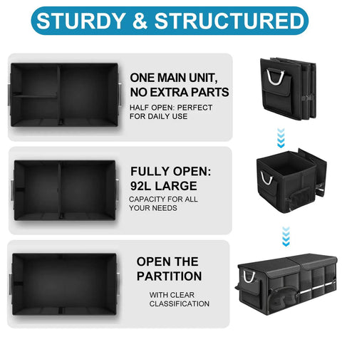 Heavy Duty Trunk Organizer With Waterproof 1680D Oxford Fabric, collapsible with foldable cover, showing closed and open configurations.
