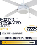 Memphis 52 Inch Contemporary Indoor LED Ceiling Fan with Light and Pull Chain; white finish, dimmable bulb included.