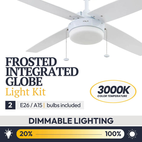 Memphis 52 Inch Contemporary Indoor LED Ceiling Fan with Light and Pull Chain; white finish, dimmable bulb included.