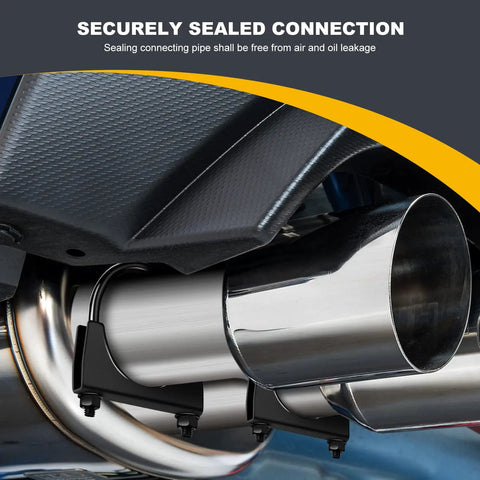 Heavy-Duty 5.0 Inch Exhaust Clamps Set securing exhaust pipes underneath a vehicle, showcasing rust-proof black saddle-style U-bolt design