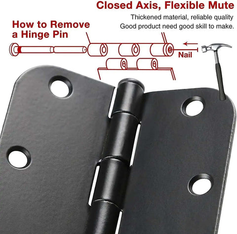 Diagram and close-up of a Matte Black Interior Door Hinges Set 3.5 Inch By 3.5 Inch With Five Eighth Radius Corners No Nonsense Heavy Duty Flat Iron Construction