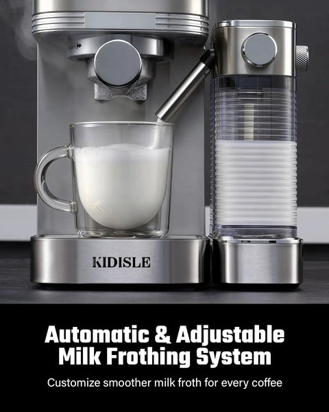 Kickstart Your Day Grind With This 20 Bar Espresso Machine Featuring Auto Milk Frother Smart Touchscreen and Sleek Steel Build for Bold Shot Creation No Fuss Cafe Sips Anytime Durable Kitchen Win, showing adjustable milk frothing system.