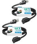 Heavy Duty 6ft Weatherproof Extension Cord 14 3 SJTW Indoor Use 3 Prong Power Cable Black ETL Listed 2 Pack with close-up view