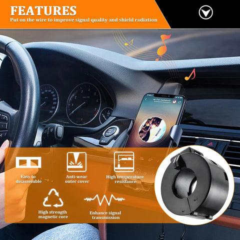 Car dashboard with music from smartphone, 15mm Black Clip On Ferrite Ring Core EMI RFI Noise Suppressor for Cables inset