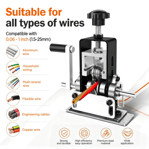 Knockout Performance Wire Stripper Machine For Scrap Copper, showing compatible wires from 0.06 to 1 inch for efficient stripping.