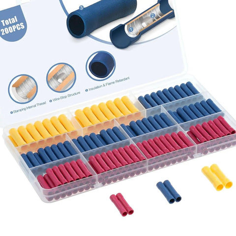 Top Rated Bulk Wire Butt Splice Connectors Kit 400 Count, fully insulated crimp terminals in red, blue, and yellow for 22-10 AWG wiring
