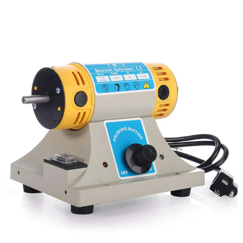 Jewelry Polishing Bench Buffer Machine 110V 350W TM2 Polisher Lathe with yellow housing, dustproof motor, cord, and switch