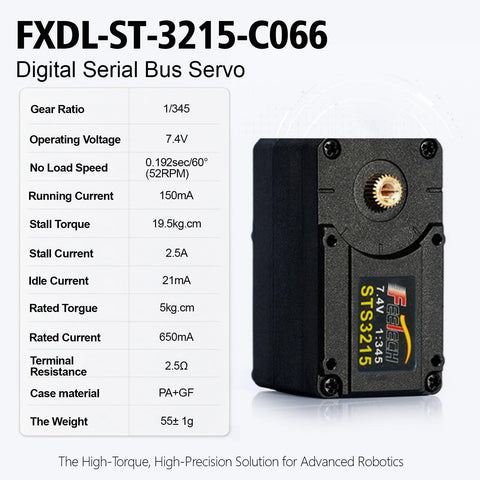19.5KG Serial Bus Servo Motor And 12V Programmable Smart Actuator Featuring Hella Precise Absolute Magnetic Encoder showcasing technical specifications and design.