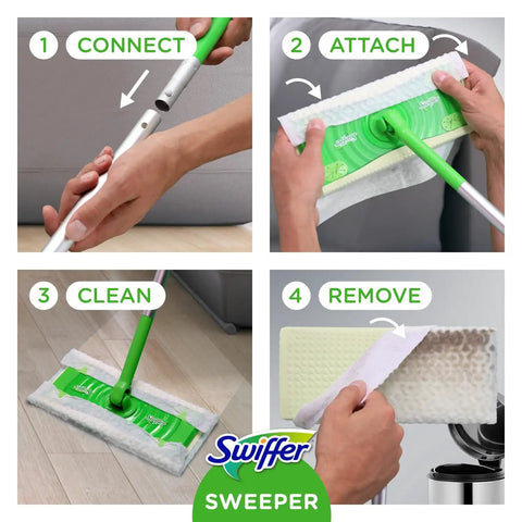 2-In-1 Floor Mop And Sweeper Starter Kit With 1 Mop And 19 Refills showing connect, attach, clean, remove steps
