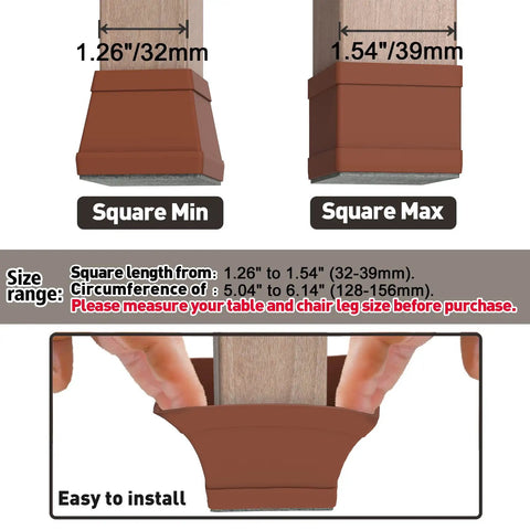Diagram showing size range and installation of 16 Pack Square Silicone Chair Leg Floor Protectors With Felt Bottom, 1.5 Inch Black Size