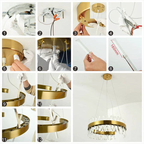 Gold Crystal Chandelier Modern Round Pendant Light With 3 Way Switch LED Crystal Lighting installation process with gold finish.