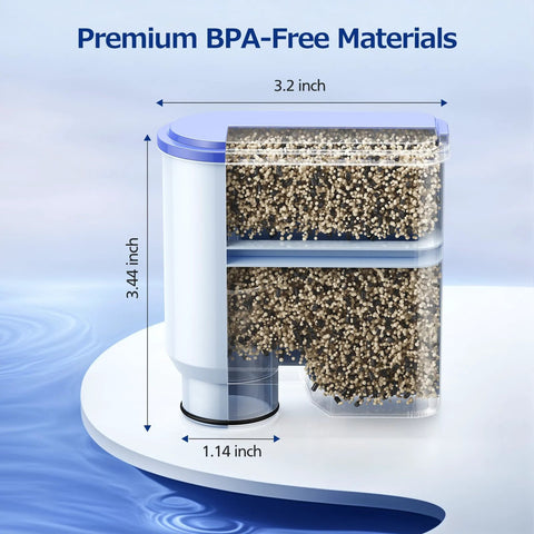 Front view of AquaClean water filter for Philips Saeco CA6903, BPA-free double-chamber cartridge, 4-pack.