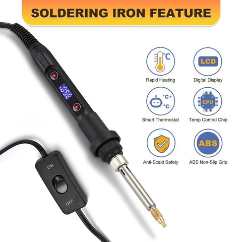 80W Heat Set Insert Tool Kit With Rapid-Heat Soldering Iron, LED Display, Anti-Scald Grip, close-up showing features