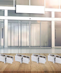 Top Shelf Stainless Steel Glass Door Hinges Rocking 180 Degree Swivel Motion With Double Sided Clamp Fit For 5 To 8 Mm Glass 4 Pack displayed on a wooden surface.