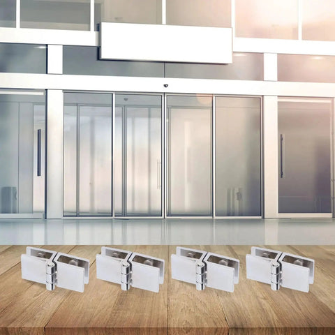 Top Shelf Stainless Steel Glass Door Hinges Rocking 180 Degree Swivel Motion With Double Sided Clamp Fit For 5 To 8 Mm Glass 4 Pack displayed on a wooden surface.