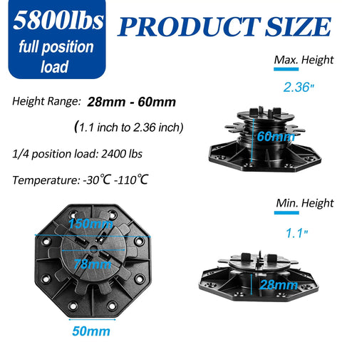 Diagram showing Beefy and Heavy Duty Adjustable Paver and Tile Pedestal Set, 26 Pack with height range 1.1 to 2.36 inches.